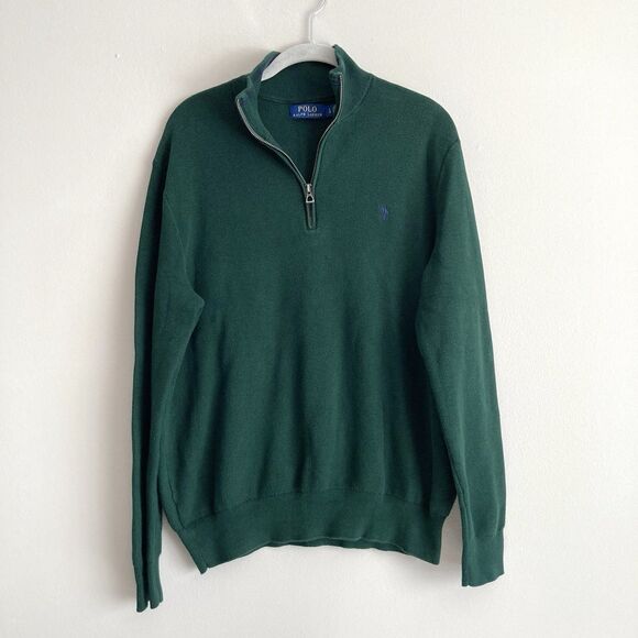 Polo Ralph Lauren Mens 1/4 Zip Green Sweater Size Large 100% Cotton Preppy - Picture 1 of 10